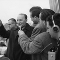 Ötvenhatosok tere (Felvonulási tér), dísztribün, május 1-i riport Kádár Jánossal, mögötte Kiss Károly, a riporter Szepesi György.